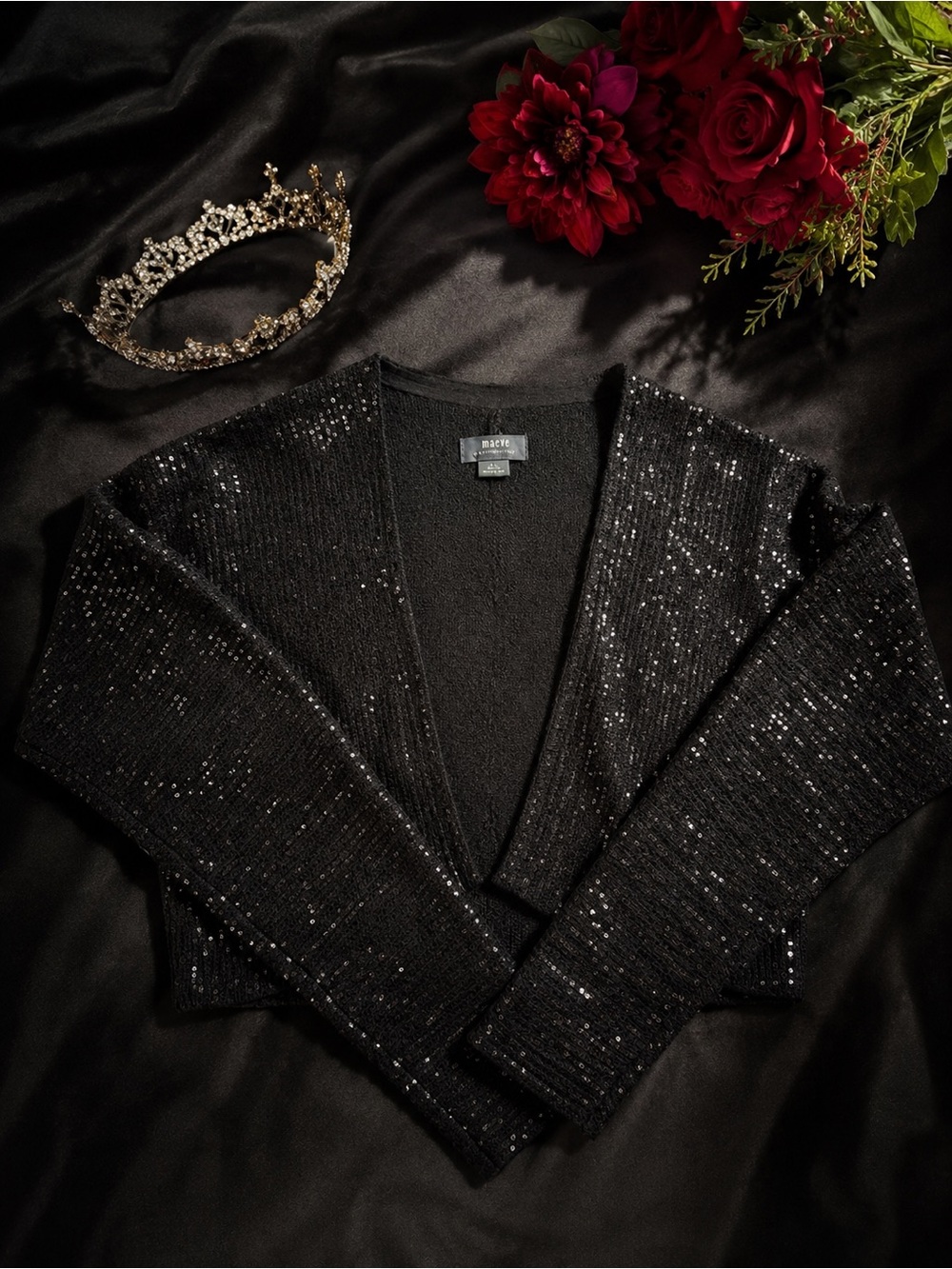 Anthropologie Maeve Black Sequin Cropped Sweater — XS/S